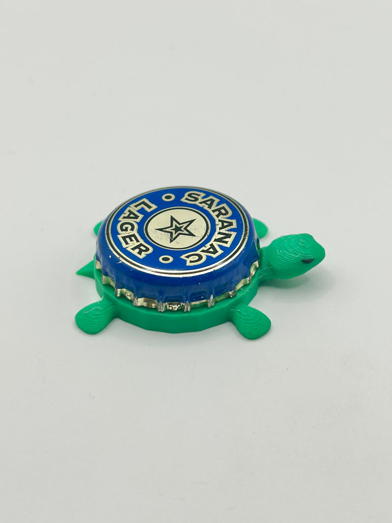 Saranac Lager - Bottle Cap Magnet Turtle Shell Shocked Art