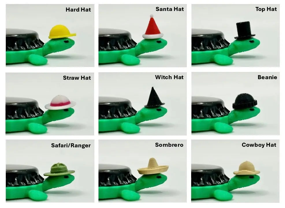 Image depicting an assortment of option hat styles for bottle cap magnet turtles