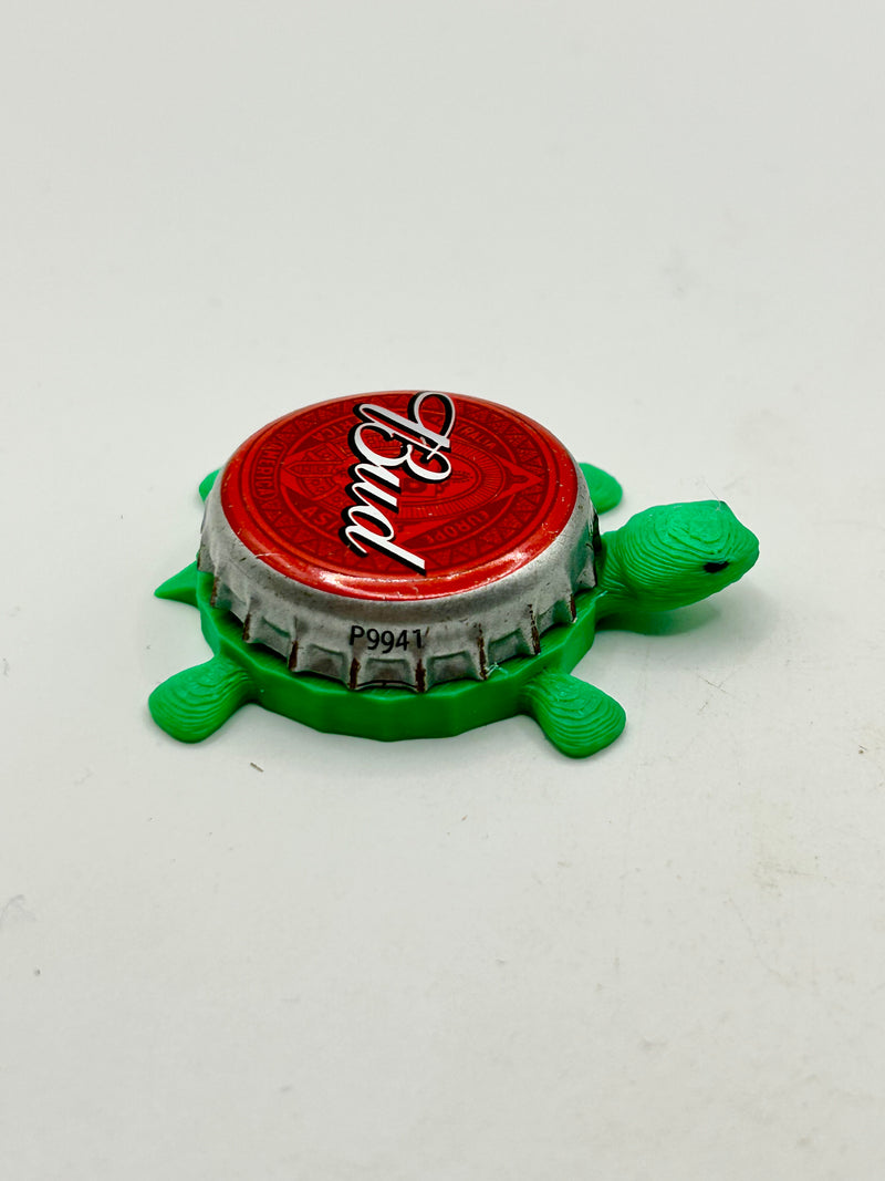 Bud (Budweiser, White Text) - Bottle Cap Magnet Turtle Shell Shocked Art