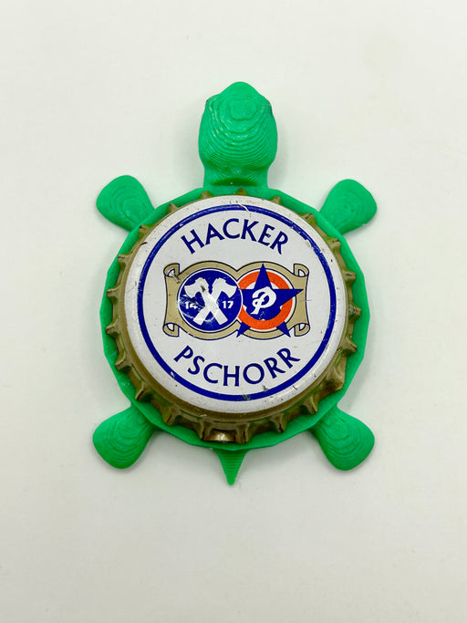 Hacker Pschorr (Large Text) - Bottle Cap Magnet Turtle Shell Shocked Art
