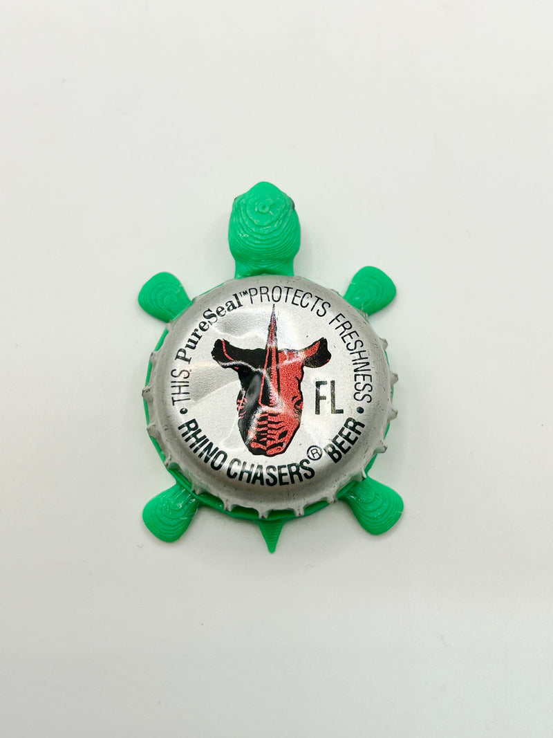 Rhino Chasers Beer - Bottle Cap Magnet Turtle Shell Shocked Art