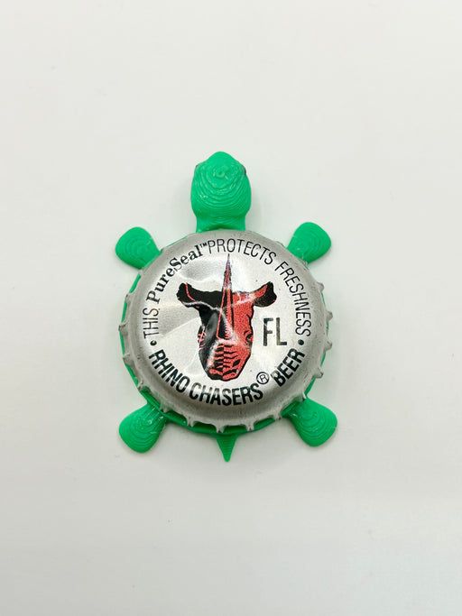 Rhino Chasers Beer - Bottle Cap Magnet Turtle Shell Shocked Art