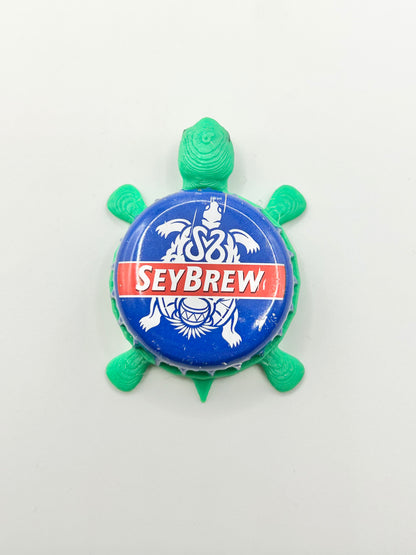Seybrew Beer - Bottle Cap Magnet Turtle Shell Shocked Art