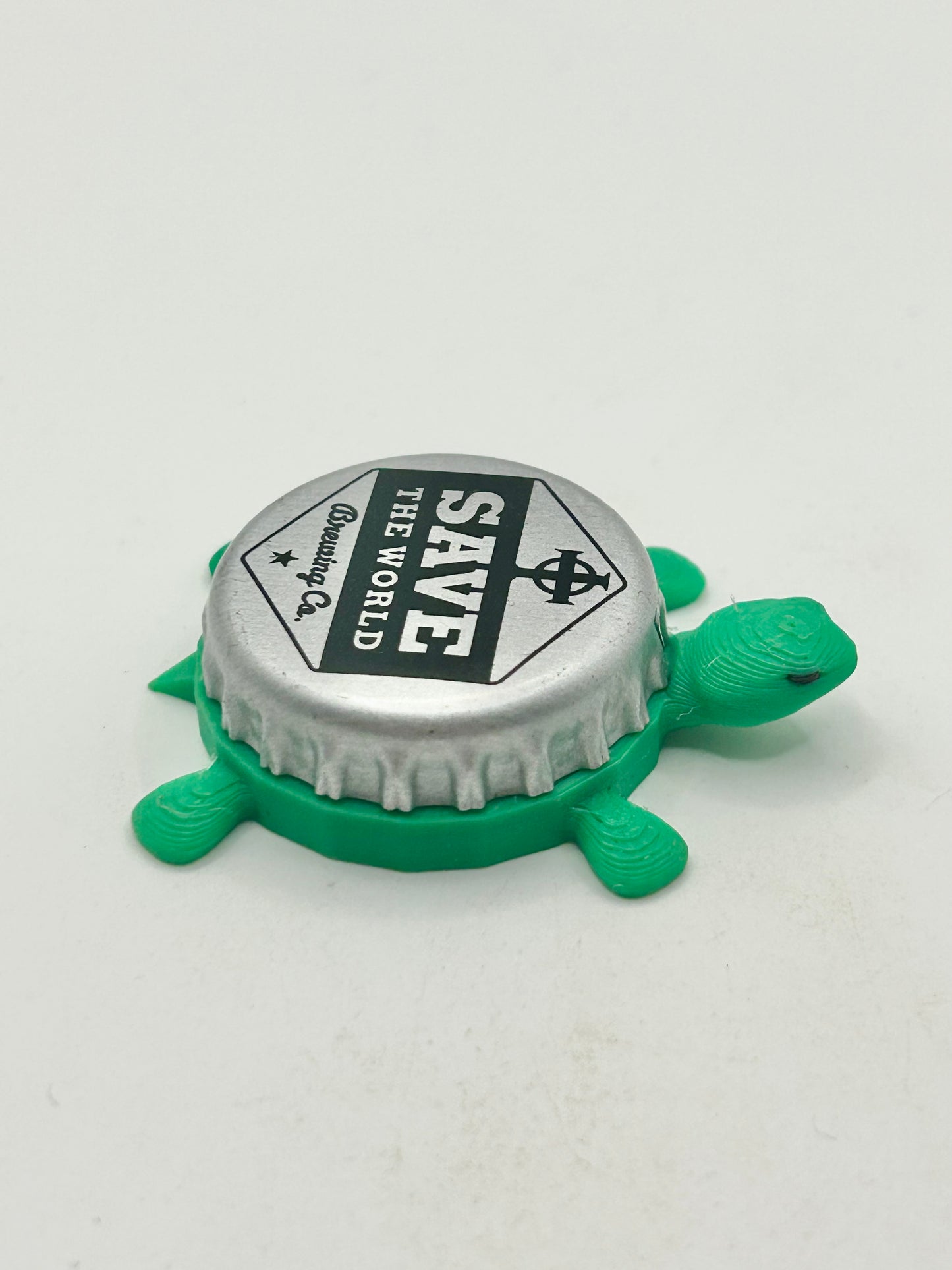 Save the World Brewing - Bottle Cap Magnet Turtle Shell Shocked Art